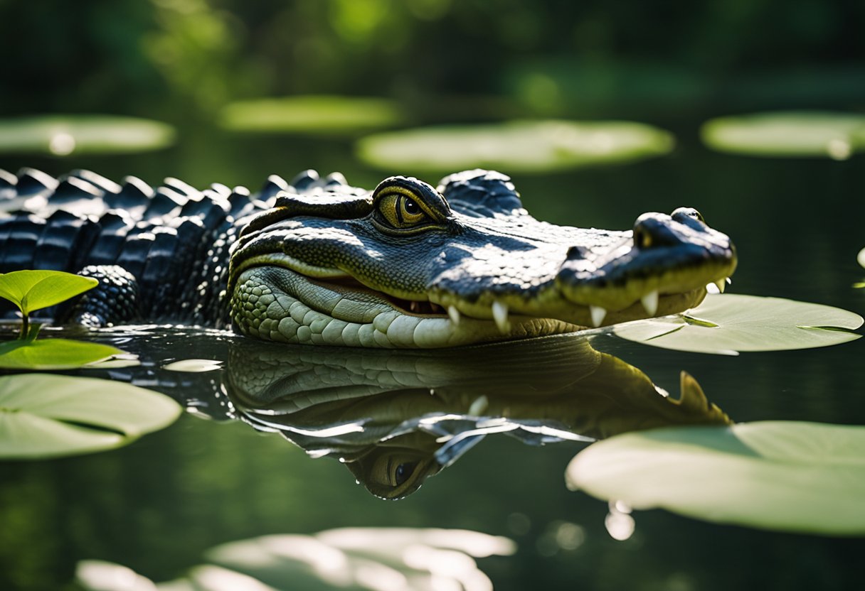An alligator swims gracefully in a pristine, natural environment, surrounded by lush greenery and clear, unpolluted water