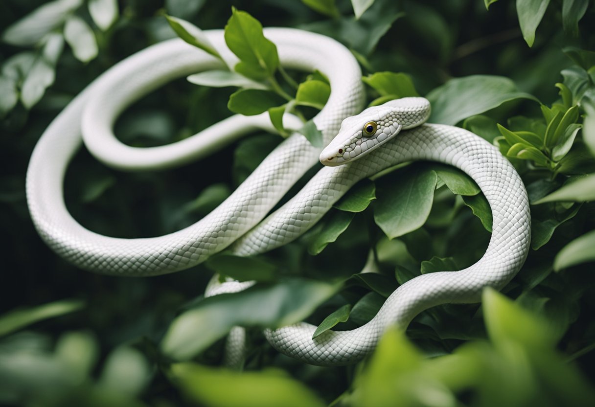 White snakes slither through a lush garden, their scales glistening in the sunlight as they move gracefully among the foliage