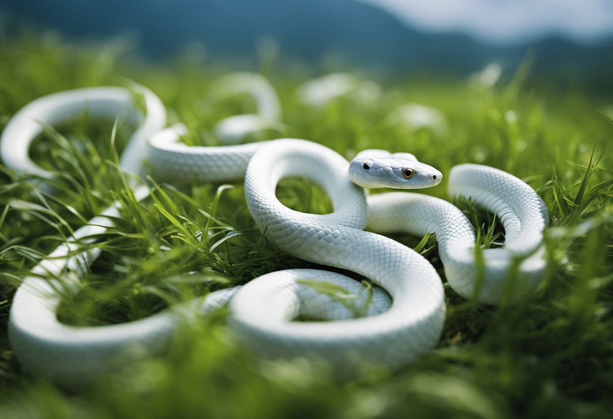 A group of white snakes slithering through a grassy field
