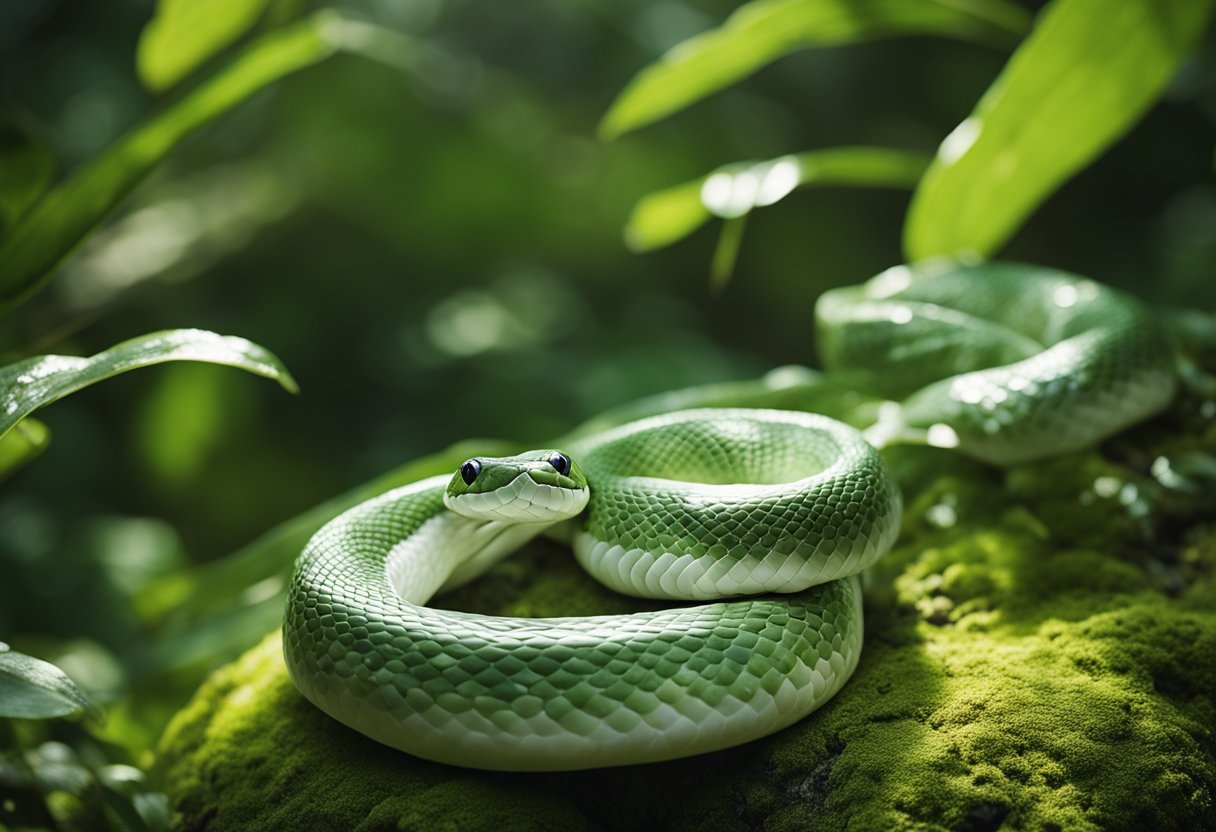 A white snake slithers through a lush green forest, its scales glistening in the sunlight. Nearby, a crystal-clear stream flows, providing a serene habitat for the endangered species