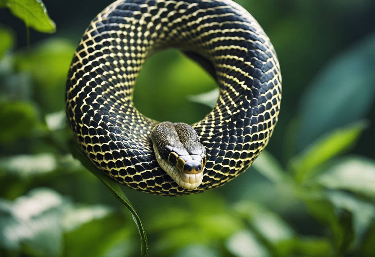 A snake coiled in a circular shape, with its head facing its own tail, appearing to be consuming itself