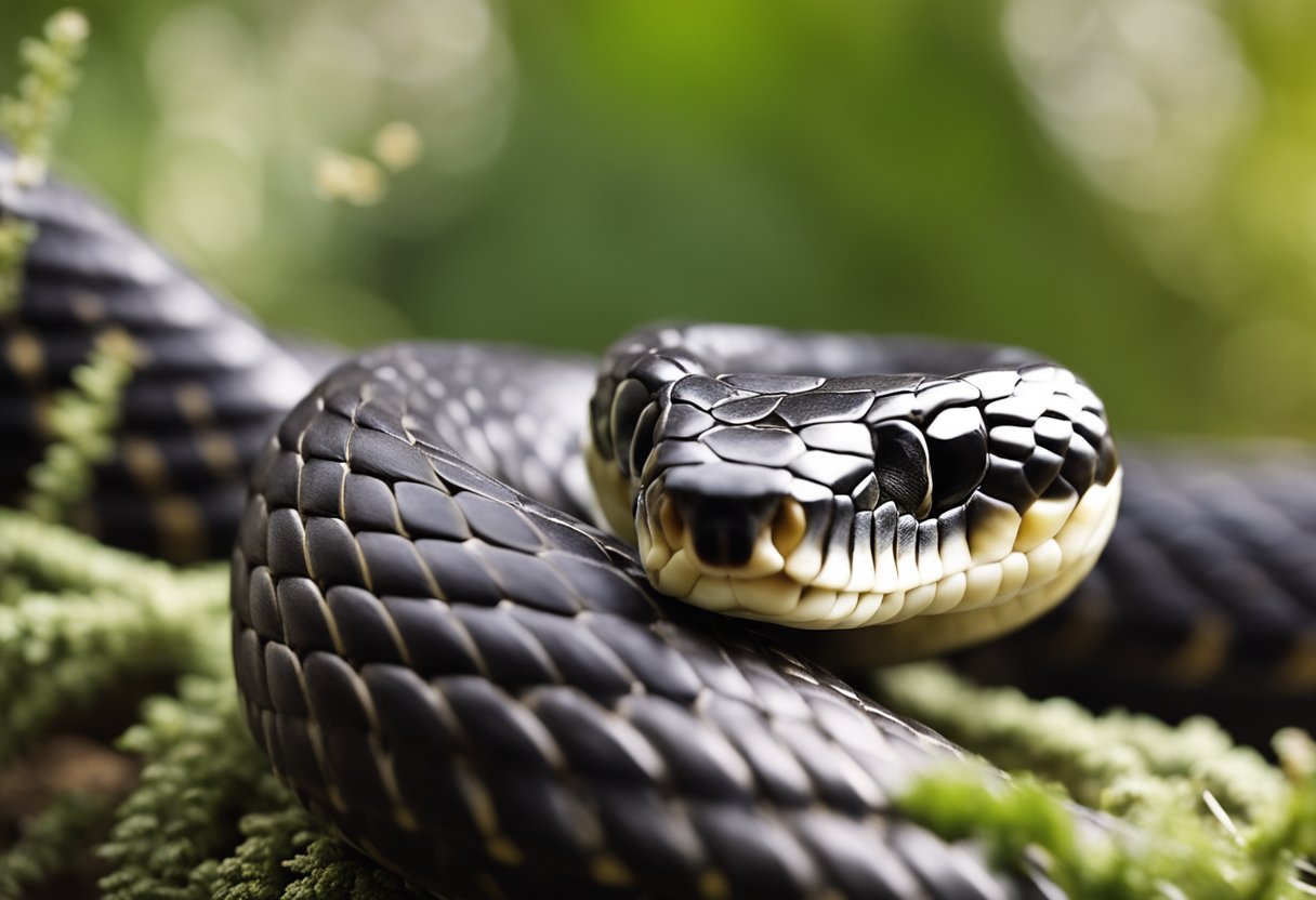 A snake coiled in a circular motion, its head facing its tail, with a puzzled expression on its face