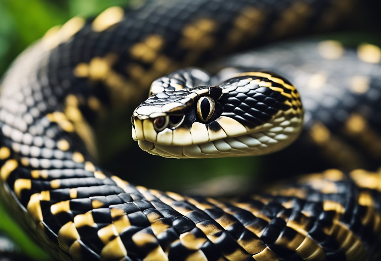 A snake coiled in a circular motion, with its head close to its tail, appearing to be consuming itself