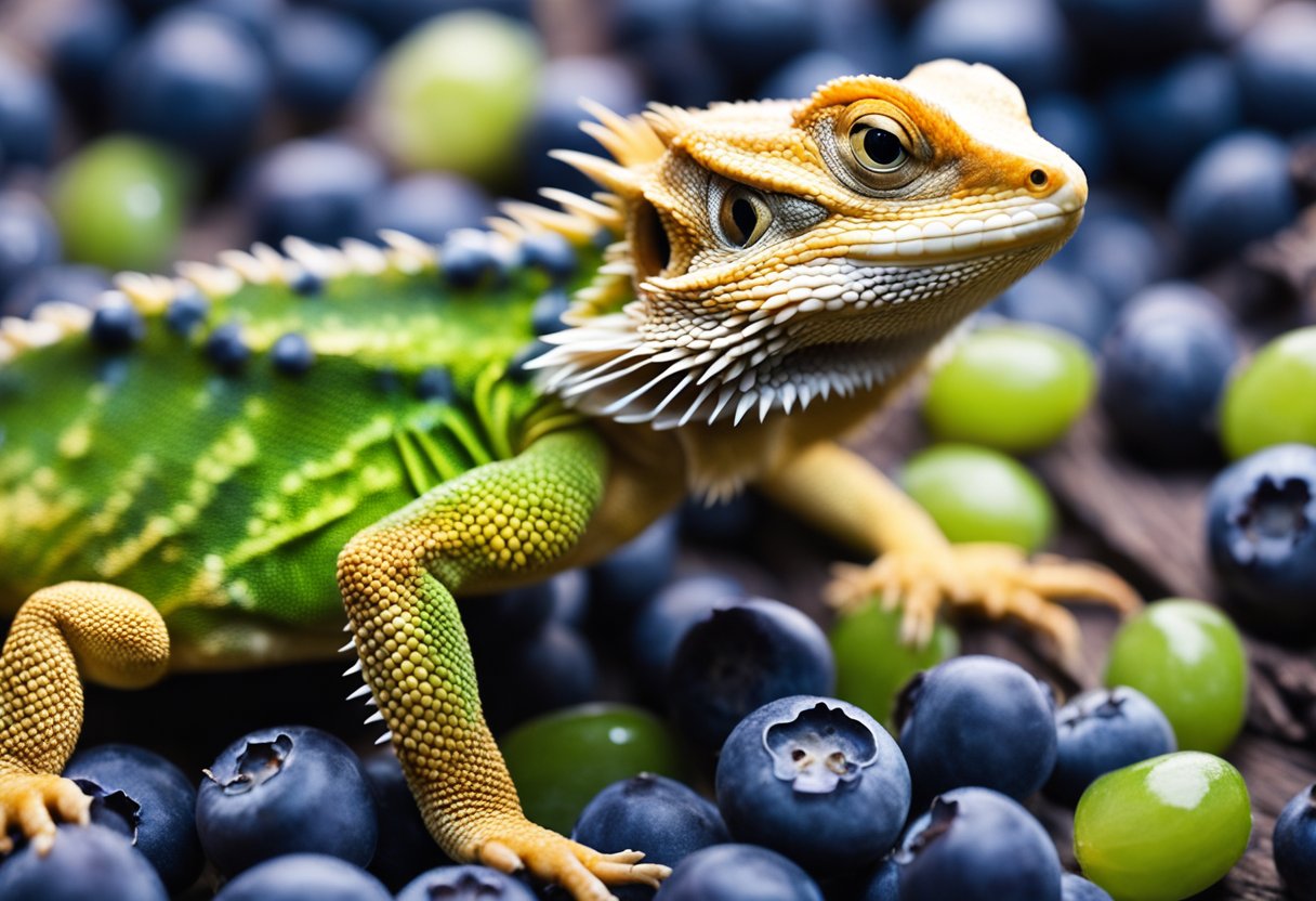 A bearded dragon munches on a pile of ripe blueberries, its tongue darting out to catch the juicy fruit