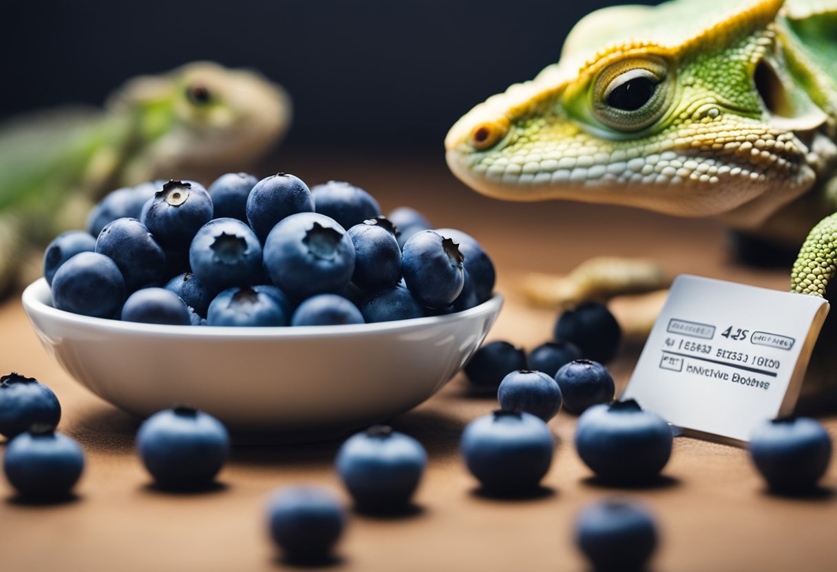 A pile of fresh blueberries with a nutritional label next to a curious bearded dragon
