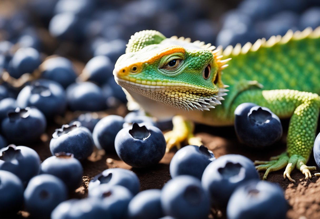 A bearded dragon cautiously inspects a pile of blueberries, considering whether to eat them