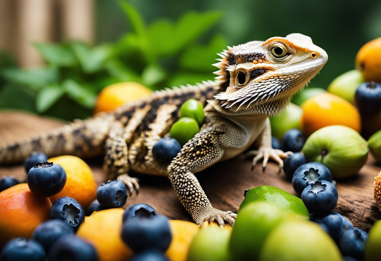 Bearded dragon surrounded by blueberries, strawberries, and mangoes. Reaching for a blueberry with its tongue