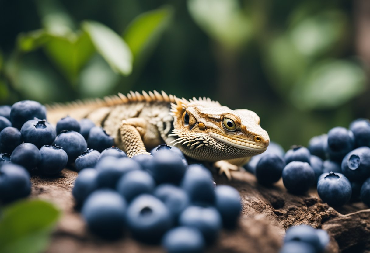 A bearded dragon surrounded by blueberries, with a curious expression, as if contemplating whether to eat them