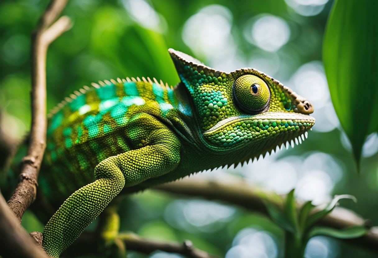 The chameleon's eyes shift independently, scanning the vibrant jungle. Its vision adapts to the changing colors and patterns of its surroundings
