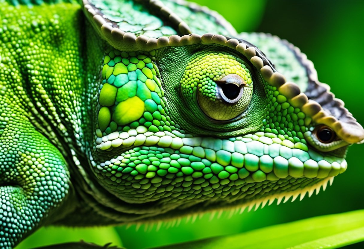 The chameleon's eyes scan for prey in the lush jungle, adapting to their surroundings with precision and focus