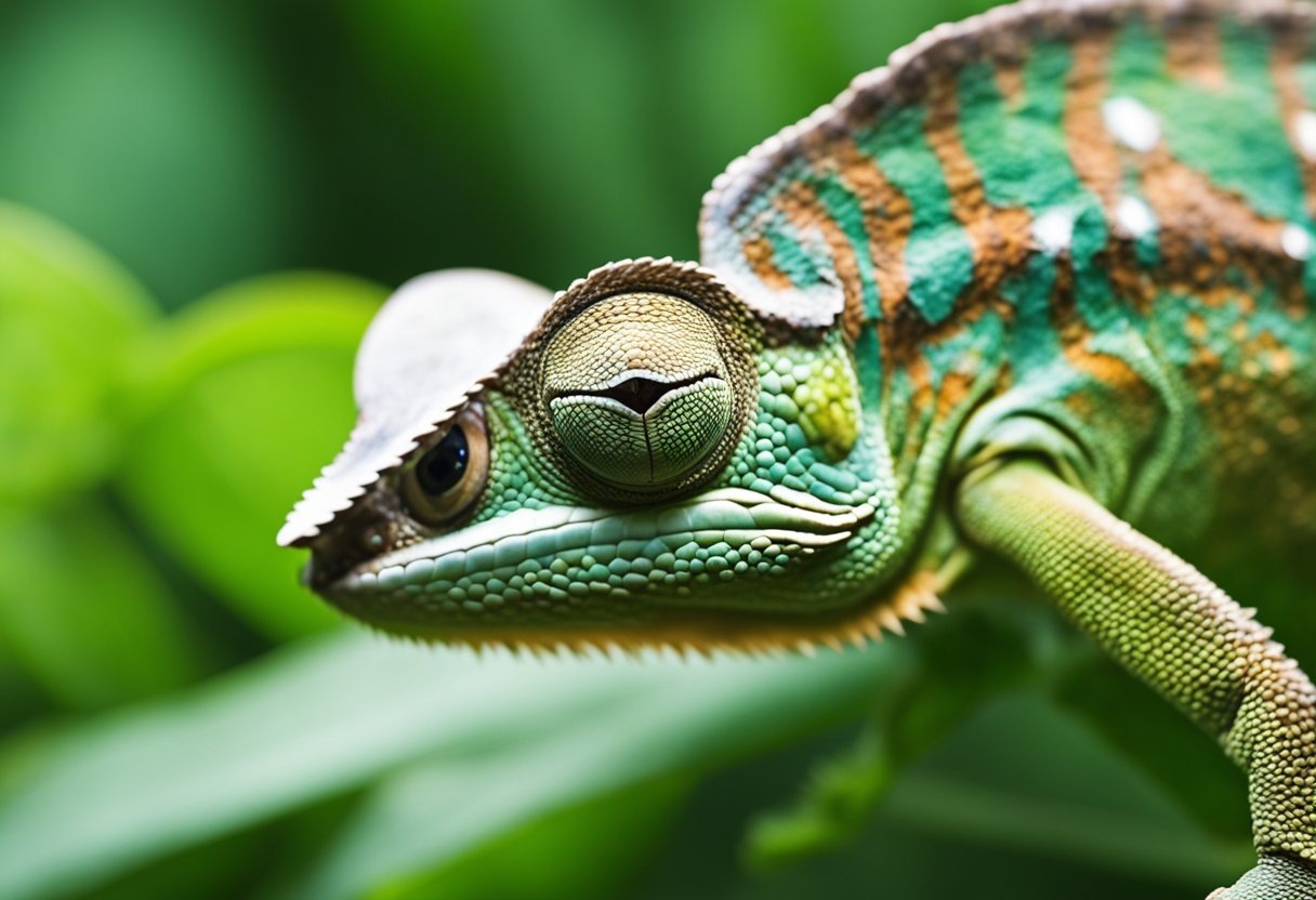 A chameleon's eyes dart in different directions, reflecting its changing behavior and communication