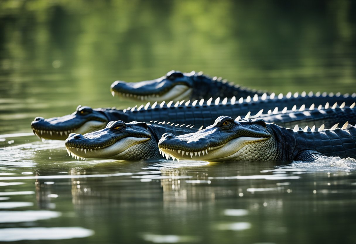 A group of alligators swiftly gliding through the water, their powerful tails propelling them forward with ease