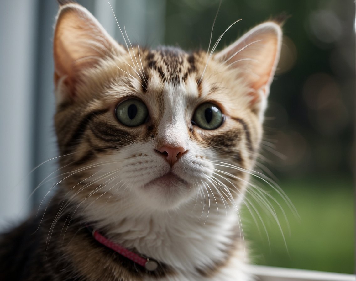 A curious kitten stares at a meowing bird outside the window, tilting its head in confusion