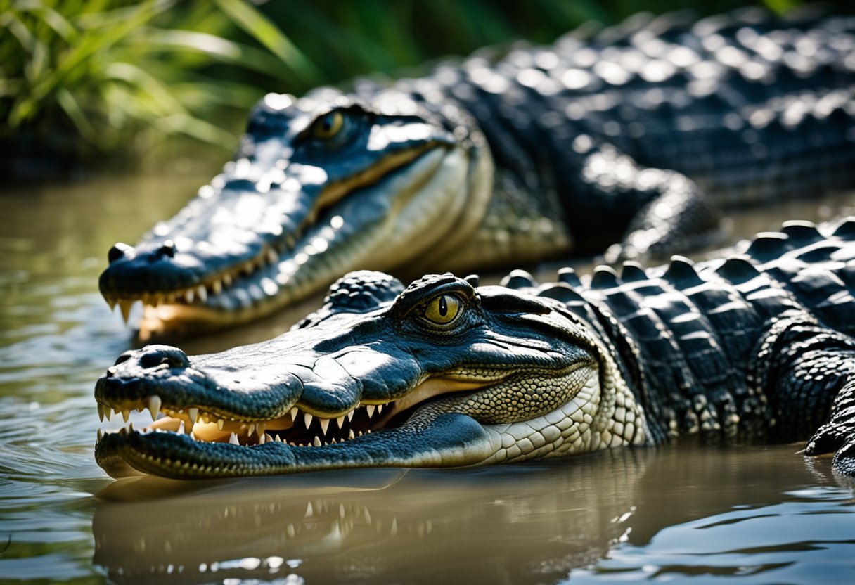 Two alligators approach a riverbank, their powerful jaws open wide as they snap at each other, showcasing their impressive speed and strength