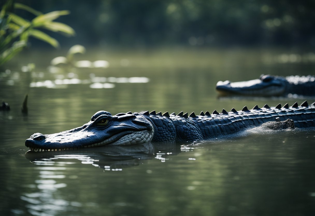 Alligators swiftly swimming in a murky swamp, their powerful tails propelling them through the water with ease