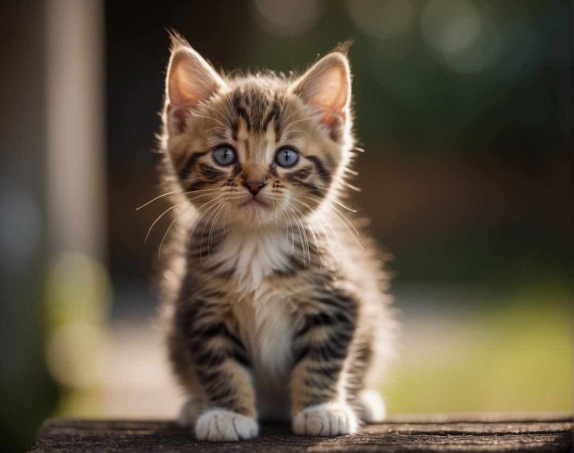 A curious kitten tilts its head, ears perked, as it emits a soft, questioning chirp instead of a traditional meow