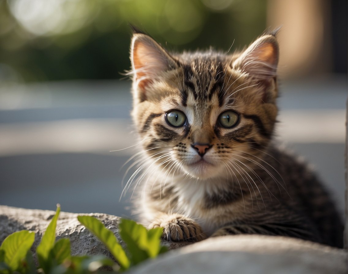 A small kitten sits quietly, its mouth closed and no sound coming out. It looks around with wide eyes, but no meow escapes its lips