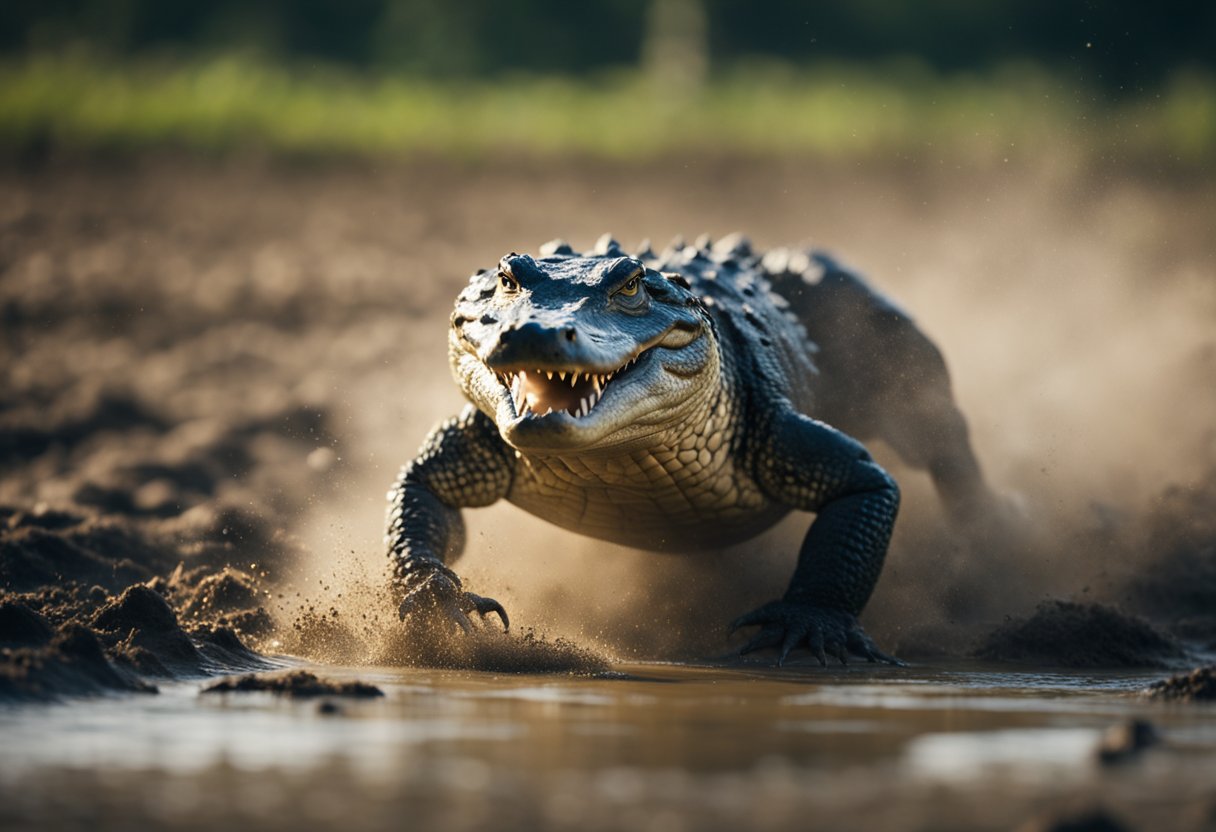 Alligators sprint across the muddy bank, their powerful legs propelling them forward with surprising speed