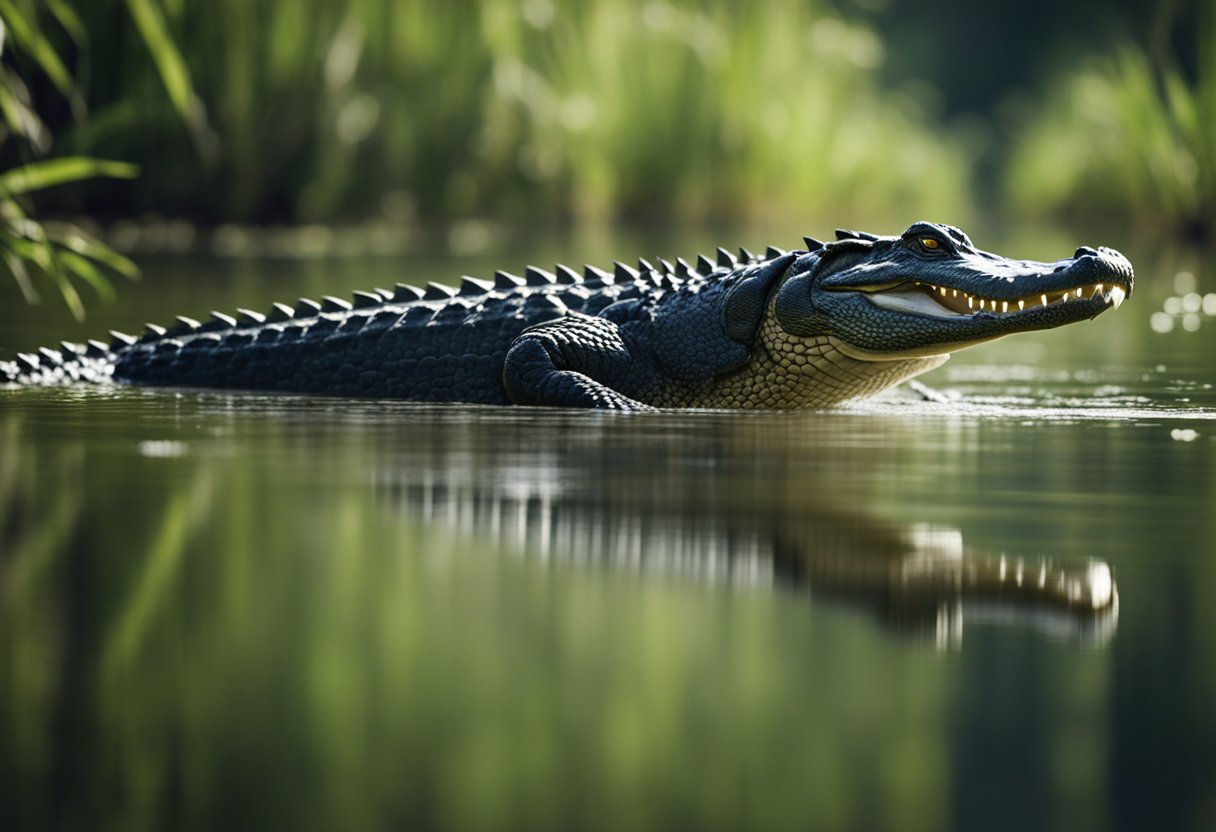 An alligator sprints across the swamp, its powerful legs propelling it forward with impressive speed