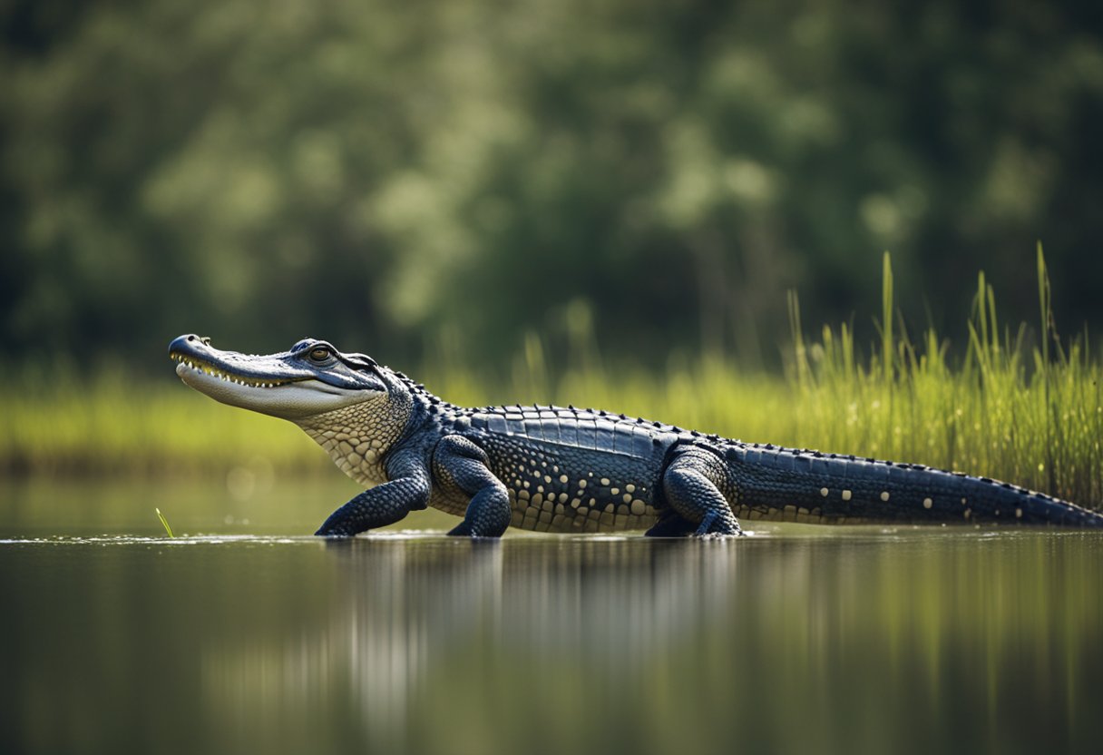 An alligator sprinting across a marshy wetland, its powerful legs propelling it forward with impressive speed