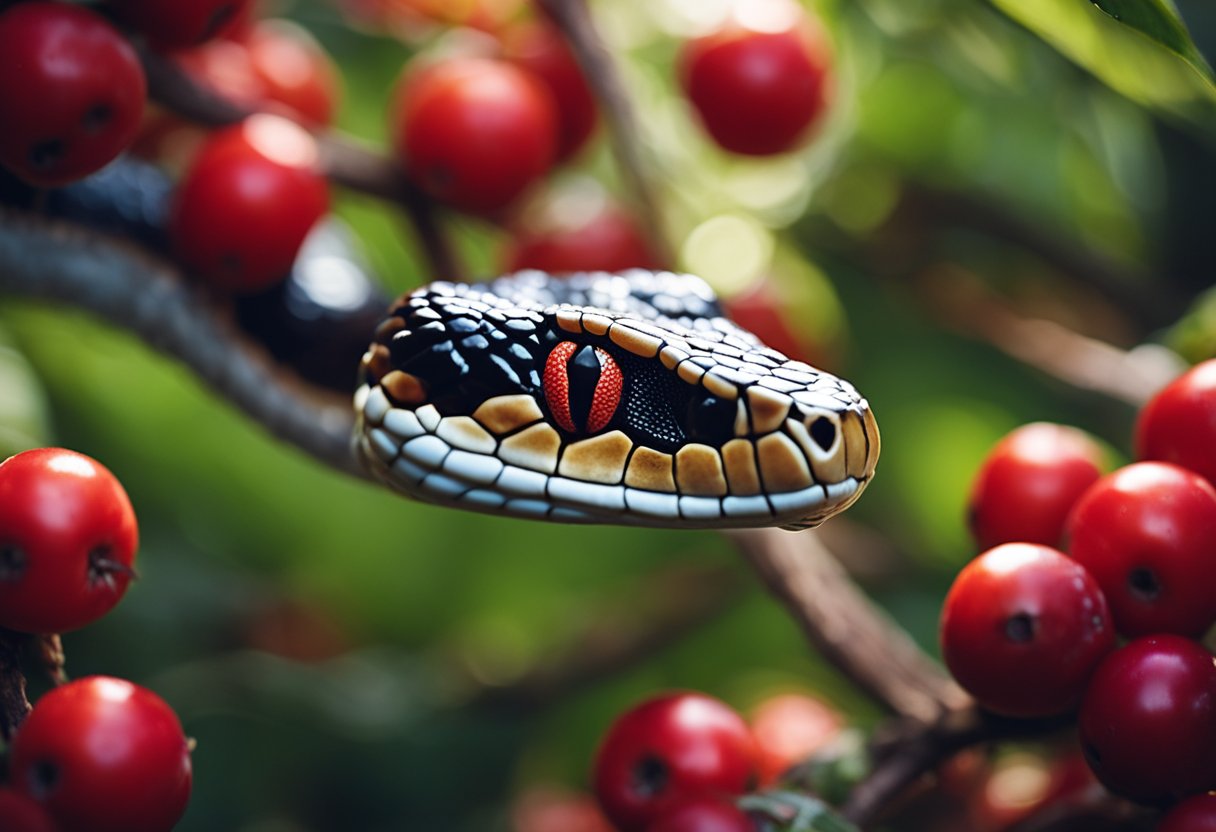 A snake slithers through a tangle of vibrant red snake berries, its scales glistening in the dappled sunlight