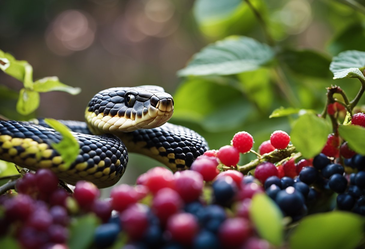 A snake slithers through toxic berries, its tongue flicking out to taste the air