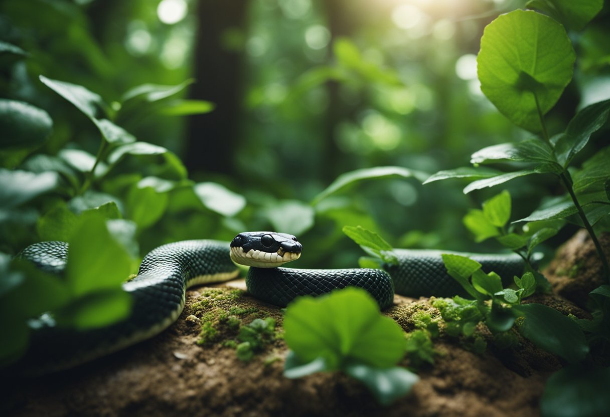A snake slithers through a lush forest, devouring a juicy berry. The surrounding plants thrive as the snake disperses the seeds, benefiting the ecosystem