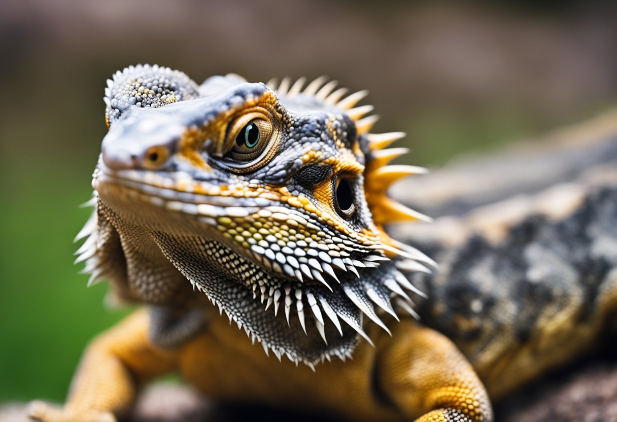 A bearded dragon bares its sharp teeth while hissing defensively