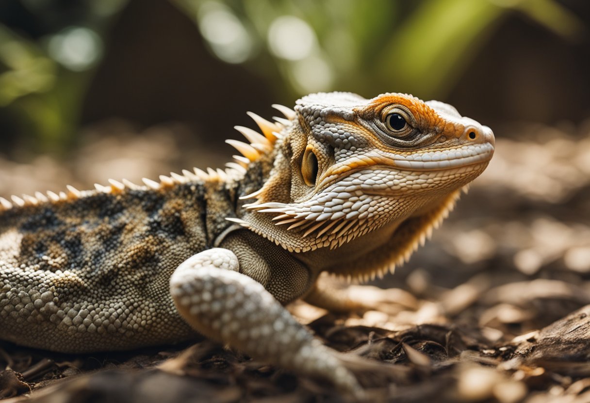 A bearded dragon opens its mouth to reveal overgrown or misaligned teeth, inflamed gums, and signs of infection