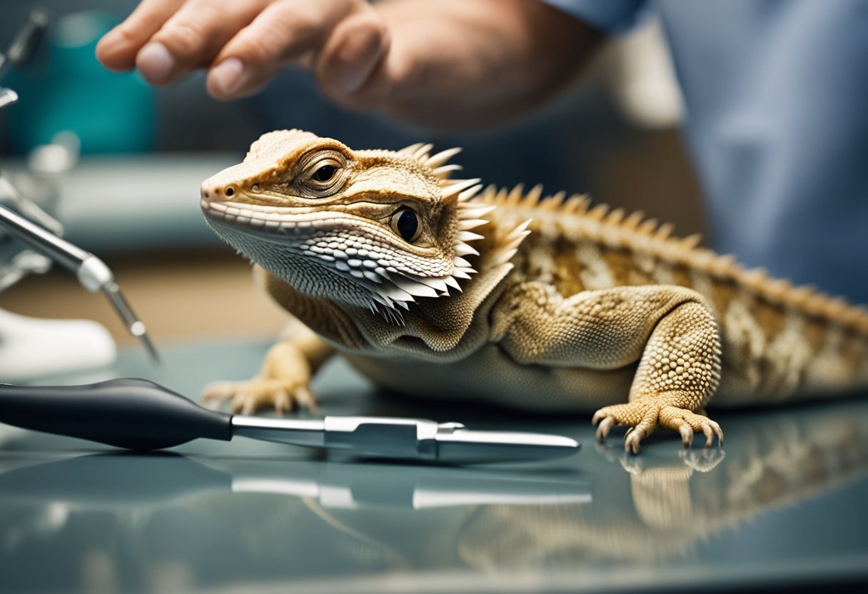 A bearded dragon lies on a table, its mouth open as a veterinarian examines its teeth with a dental tool. The dragon looks calm and cooperative during the dental check-up