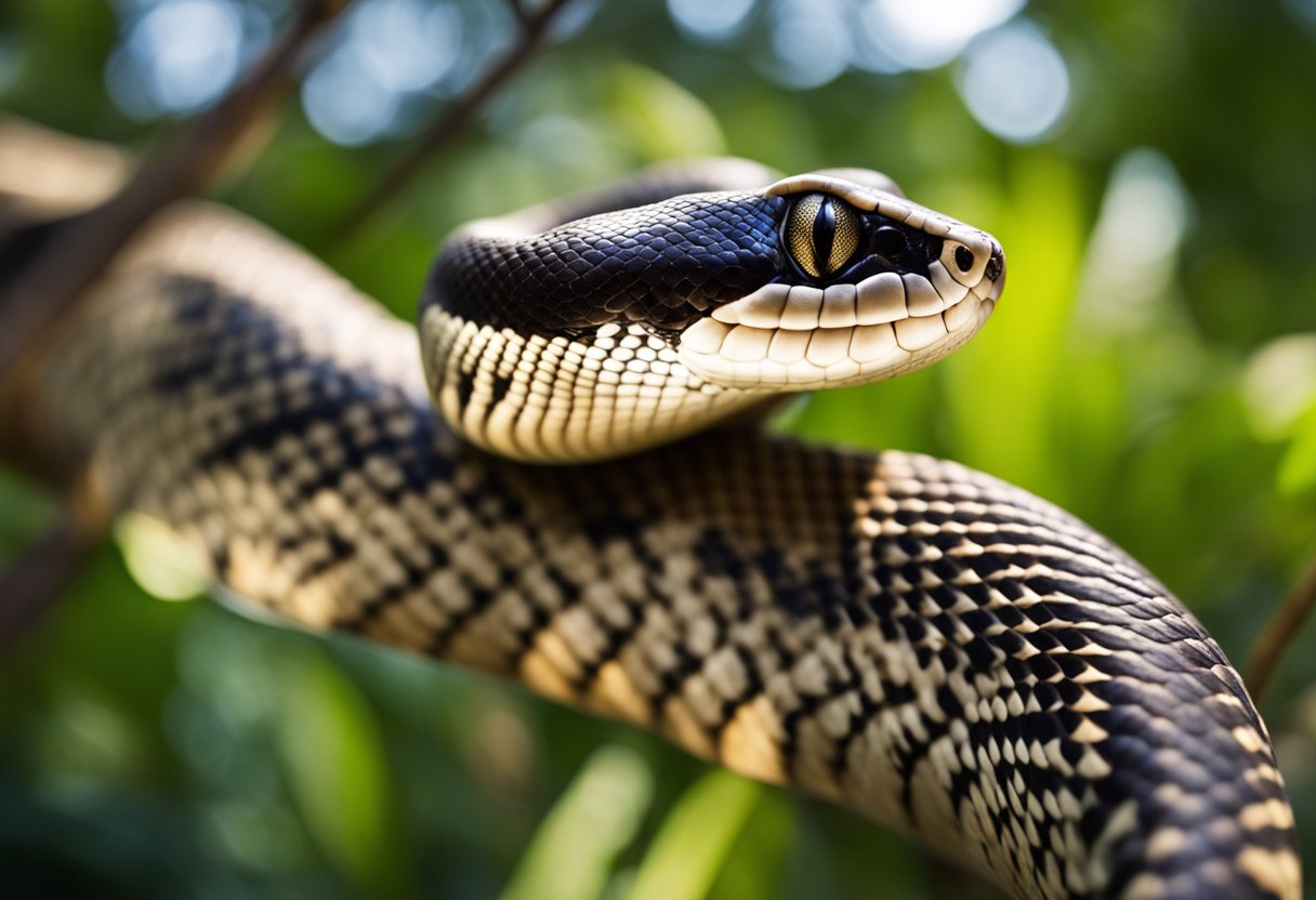 A cute ball python coils around a tree branch, its scales shimmering in the sunlight