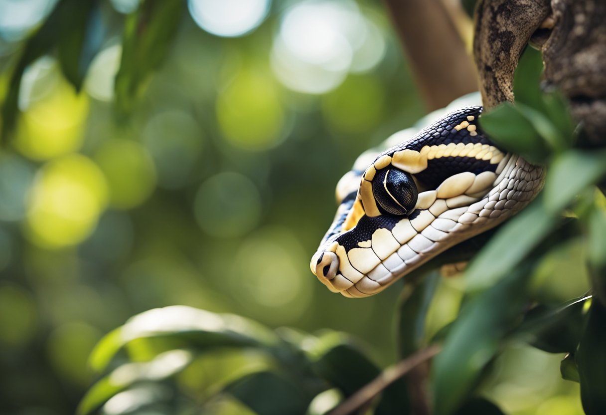A cute ball python coils around a branch, its scales shimmering in the sunlight, while it gazes curiously at its surroundings