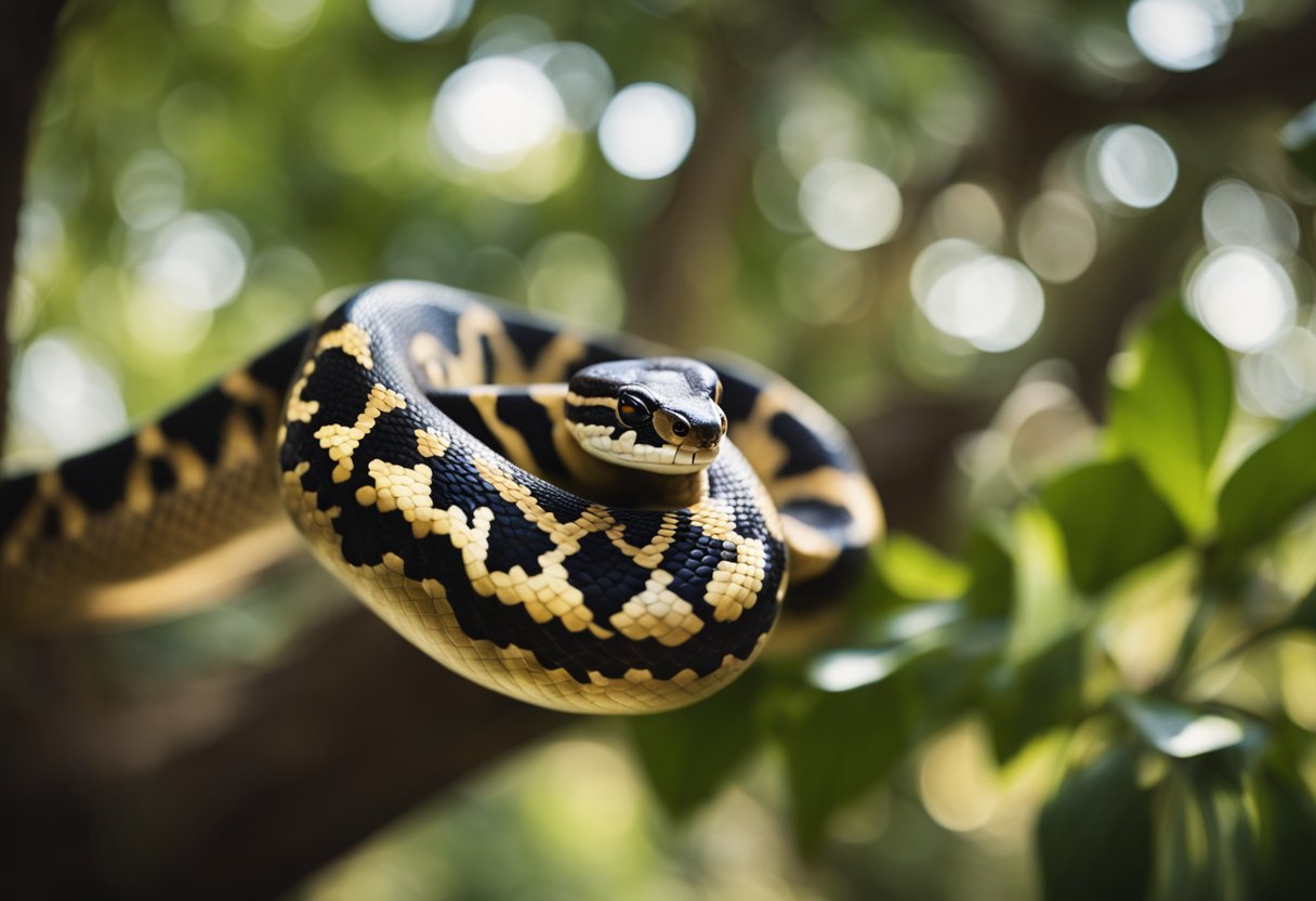 A ball python coils around a tree branch, its scales shimmering in the sunlight, showcasing its adorable and captivating appearance