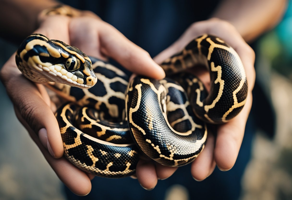 A hand gently holds a cute ball python, its scales shining in the light. The snake curls around the fingers, forming a bond with its handler