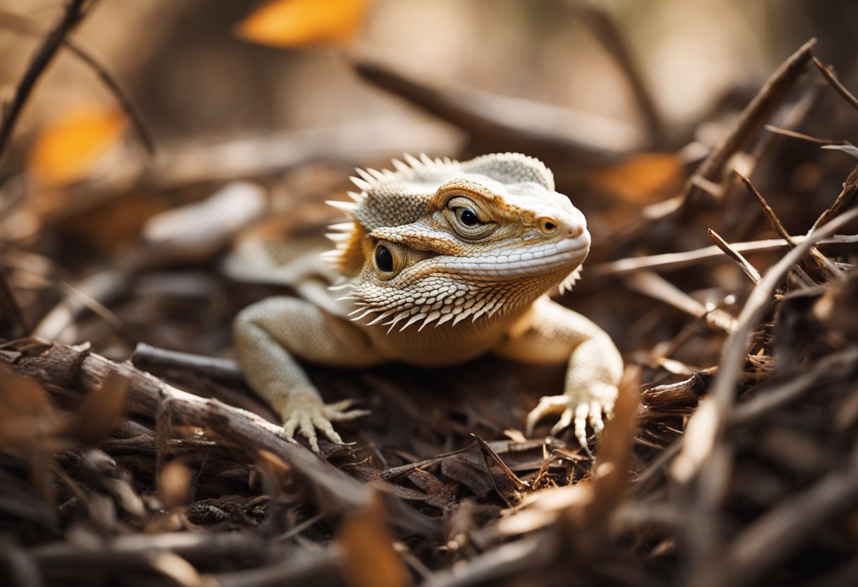 A bearded dragon lies still in a cozy burrow, surrounded by dry leaves and twigs, its eyes closed as it enters hibernation