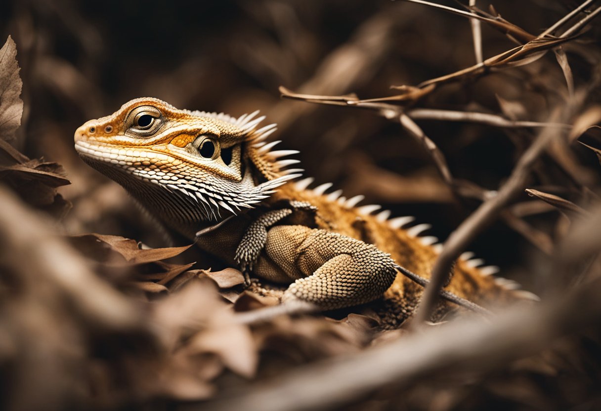 A bearded dragon lies motionless in a cozy burrow, surrounded by dry leaves and branches. Its eyes are closed, and its body is still as it enters hibernation