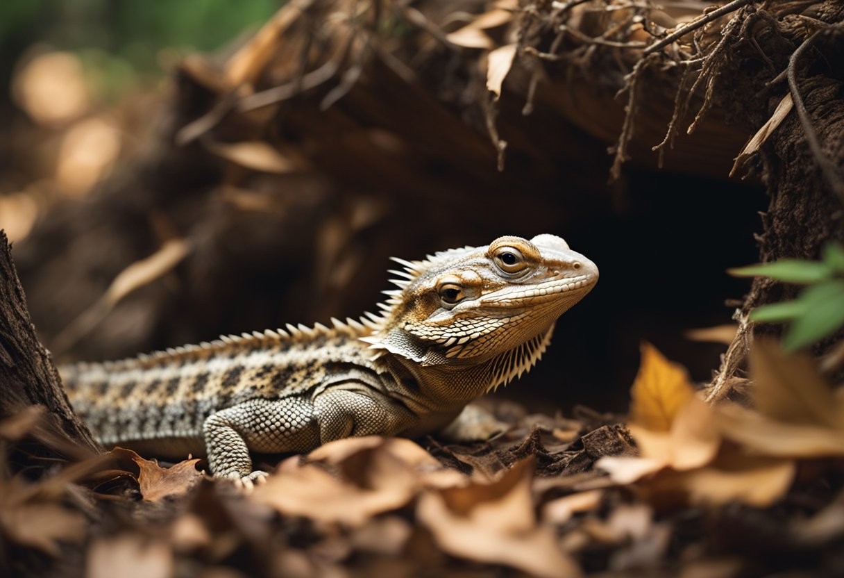 A bearded dragon lies still in a cozy burrow, eyes closed, surrounded by leaves and logs. Its body is relaxed, breathing slow and steady, as it enters into brumation