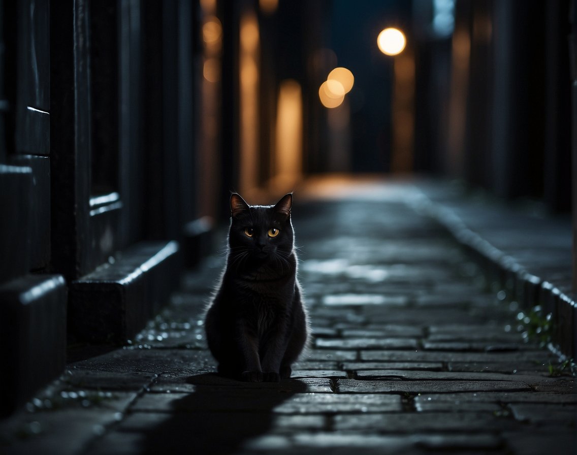 A dark alley with a lone cat cautiously peering into the shadows, its eyes wide with apprehension. The moonlight casts eerie shadows, heightening the sense of fear and uncertainty