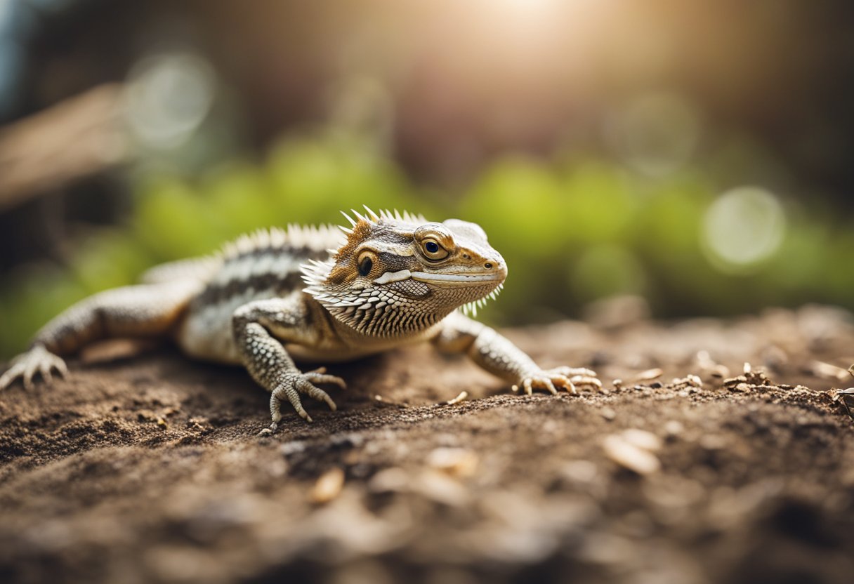 A bearded dragon bites a small insect, its sharp teeth clamping down