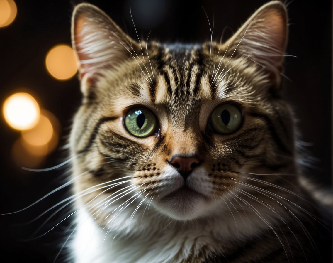 A cat with dilated pupils cautiously explores a dimly lit room, its keen eyesight adjusting to the darkness. Outside, the moon casts a soft glow, highlighting the cat's curious and alert demeanor