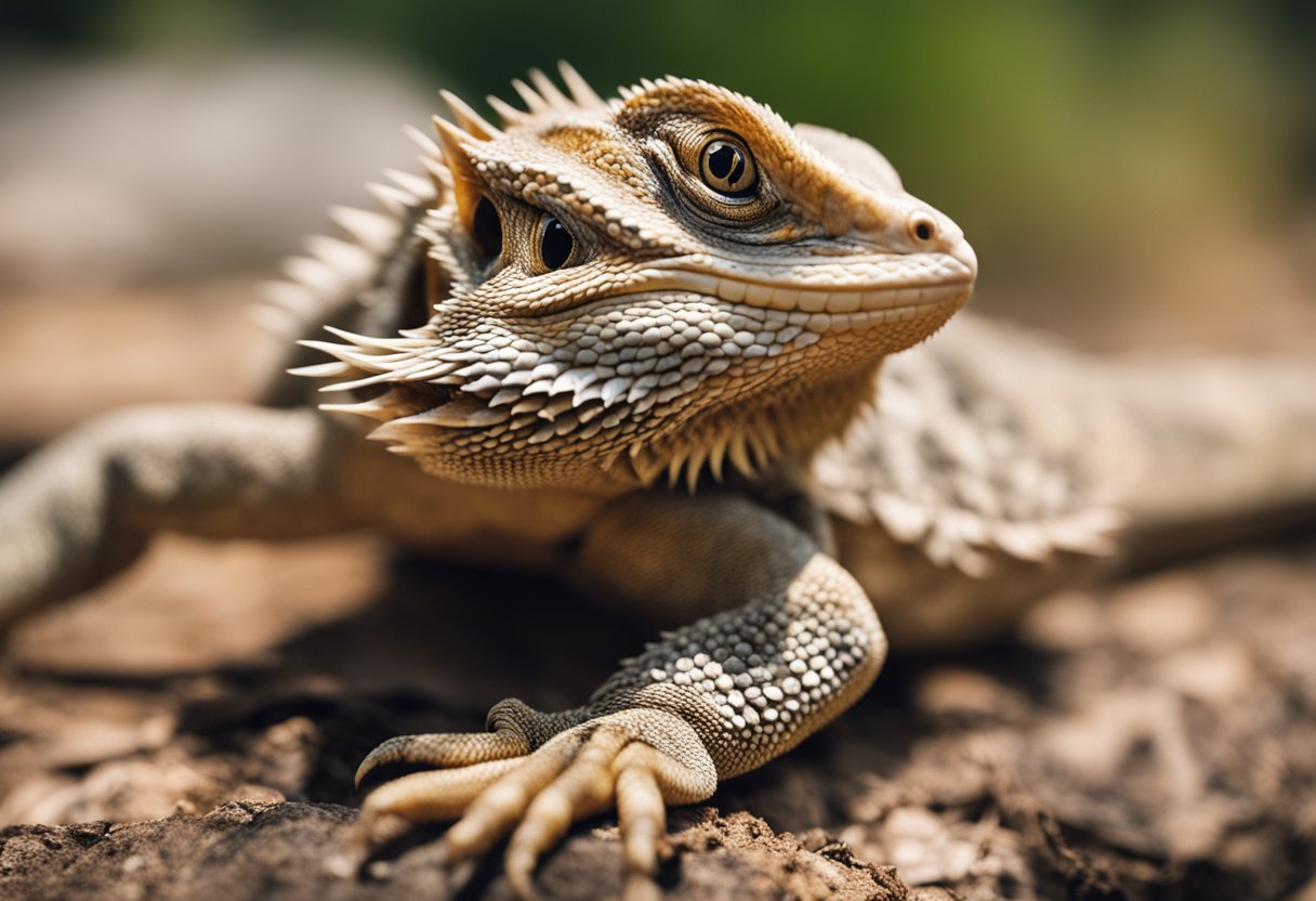 A bearded dragon bares its teeth, warning off a potential threat