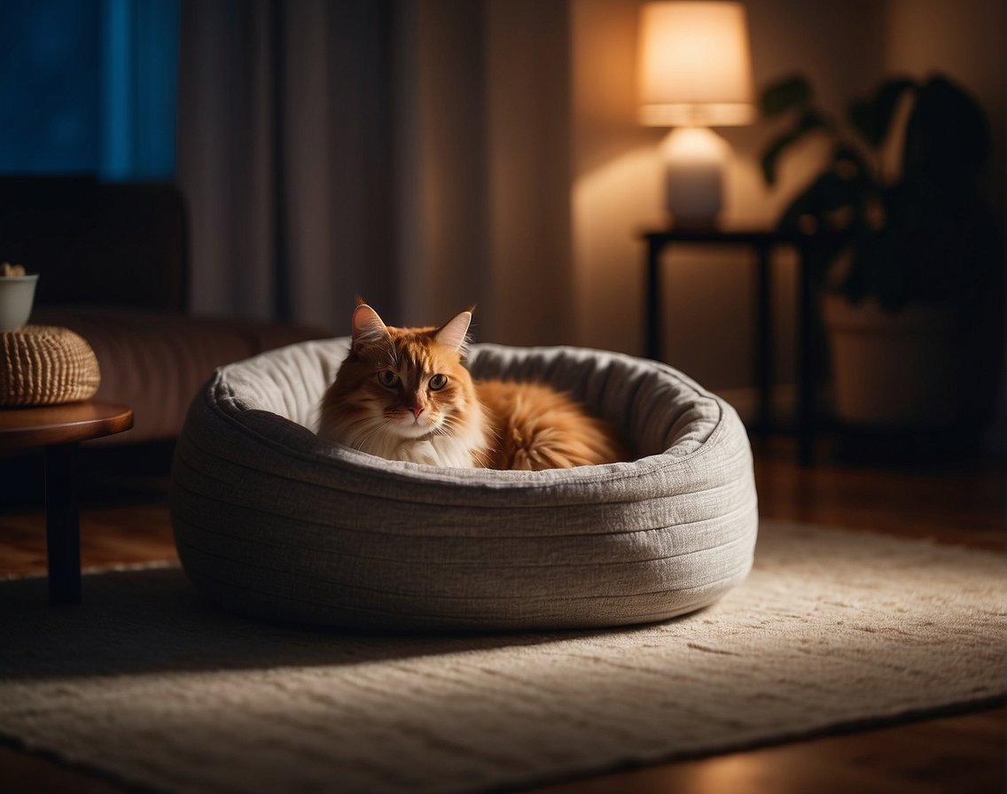 A cozy cat bed in a dimly lit room, with soft ambient lighting and a night light to provide a sense of security