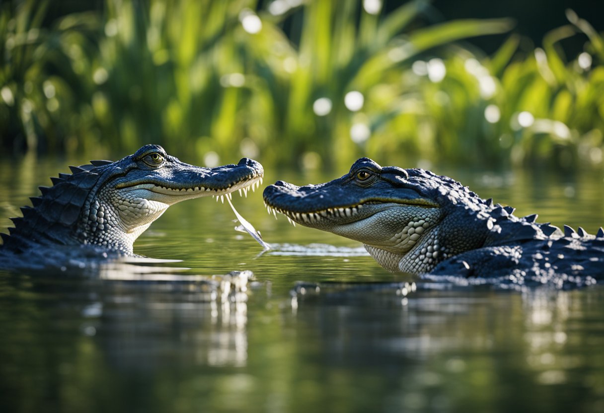 Two alligators swim towards each other, circling and nudging. The male mounts the female and they mate in the water