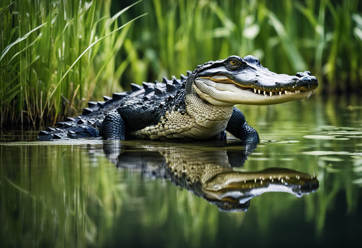 Two alligators mating in a swamp, surrounded by tall grass and water. The male is on top of the female, while she remains still in the water