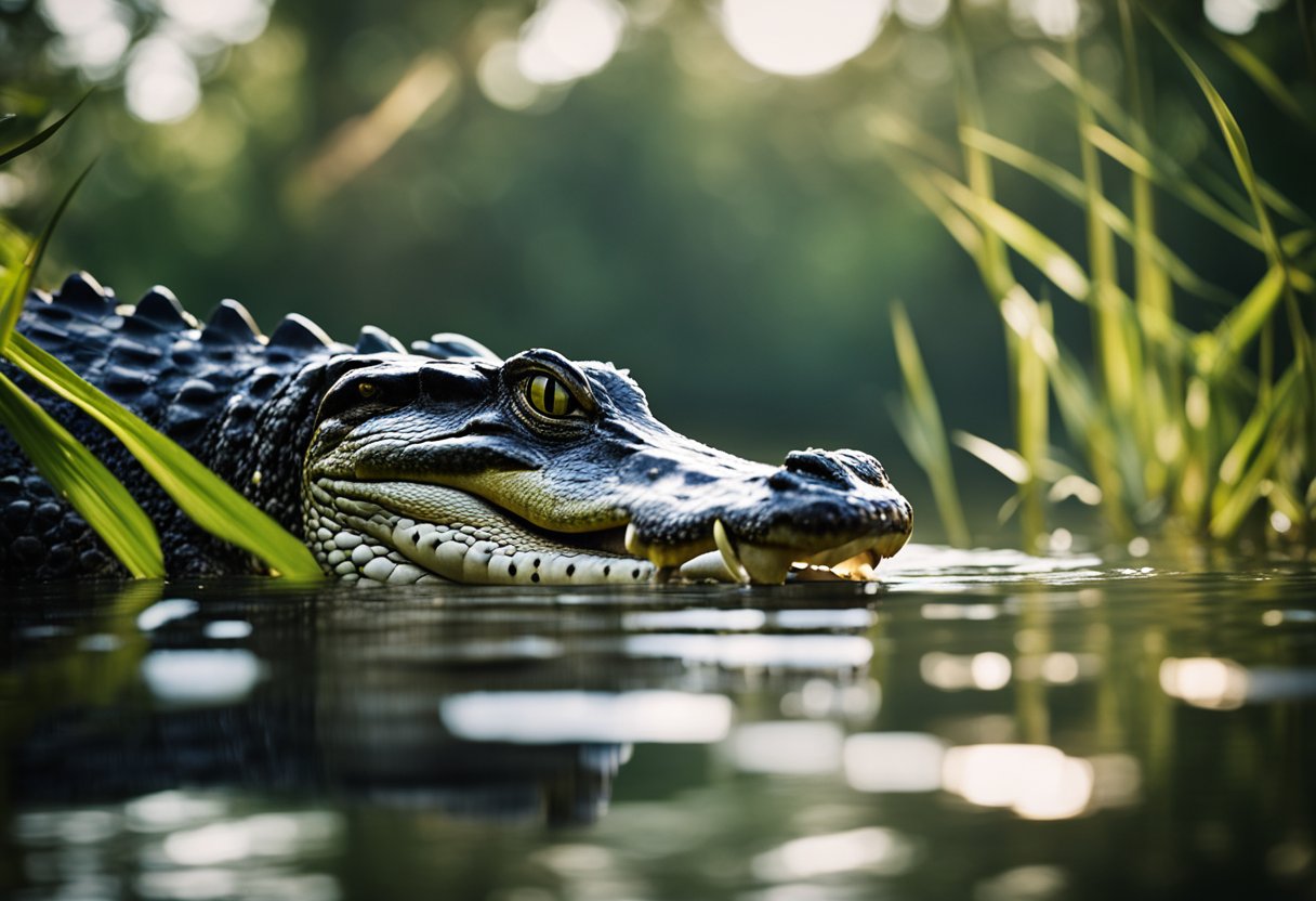 An adult alligator approaches a female, nudging her gently before they both submerge into the water to mate