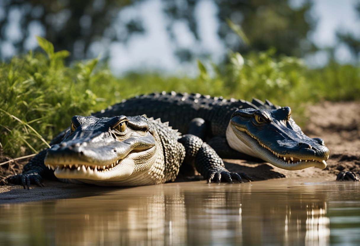 Two alligators bask in the sun on a muddy riverbank. The male approaches the female, emitting low grunts and head-slapping the water to signal his readiness to mate