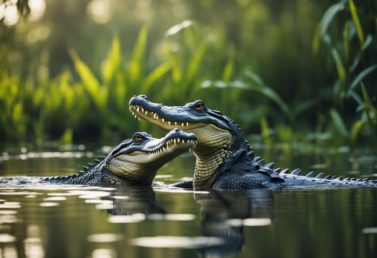 Two alligators engage in mating behavior in a swampy wetland, surrounded by lush vegetation and the sounds of nature