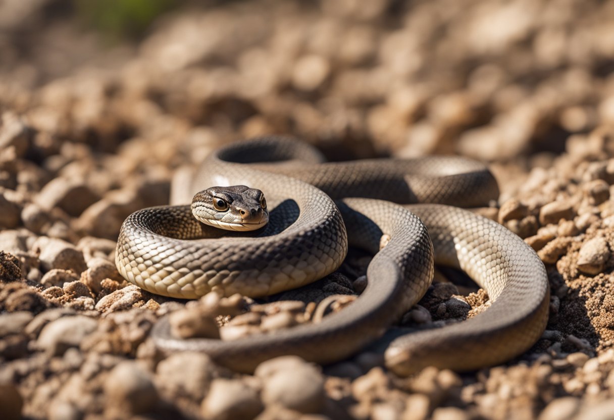 A legless lizard and a snake coiled together in a dry, rocky habitat. The lizard's smooth, elongated body contrasts with the snake's sleek, muscular form
