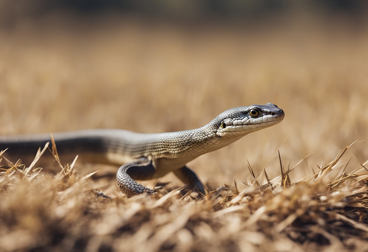 A legless lizard hunts a snake, stalking it through the dry grass before striking with lightning speed