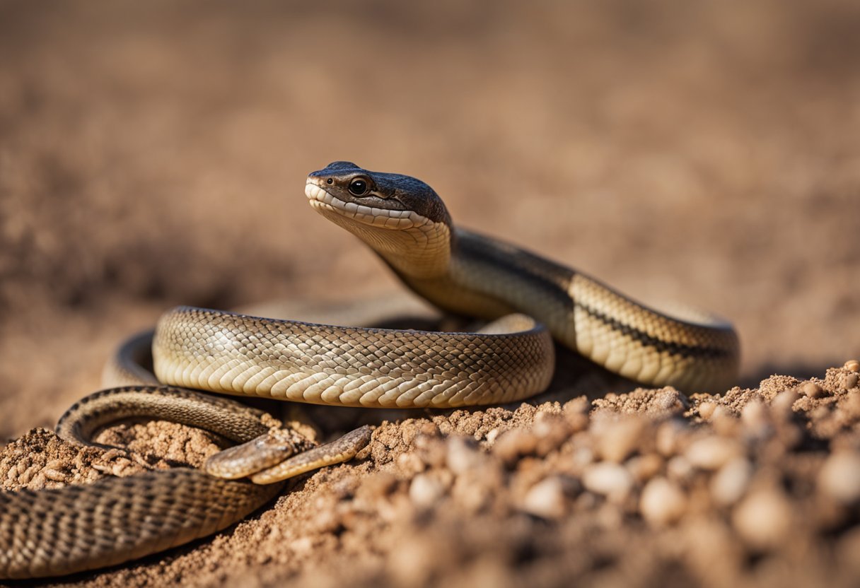 A legless lizard and a snake facing each other, both coiled and ready to strike, surrounded by dry desert terrain
